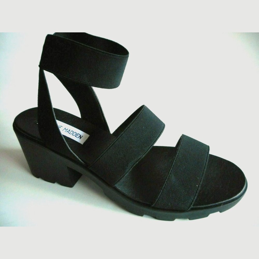 NEW STEVE MADDEN Black Elastic Fabric Block Heel Sandal Shoes